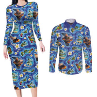 Hawaiian Island Shapes-Iconic Landscape Couples Matching Long Sleeve Bodycon Dress and Long Sleeve Button Shirt with Plumeria and Palaka Blue Color
