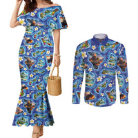 Hawaiian Island Shapes-Iconic Landscape Couples Matching Mermaid Dress and Long Sleeve Button Shirt with Plumeria and Palaka Blue Color