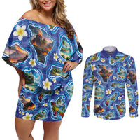 Hawaiian Island Shapes-Iconic Landscape Couples Matching Off Shoulder Short Dress and Long Sleeve Button Shirt with Plumeria and Palaka Blue Color