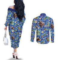 Hawaiian Island Shapes-Iconic Landscape Couples Matching Off The Shoulder Long Sleeve Dress and Long Sleeve Button Shirt with Plumeria and Palaka Blue Color