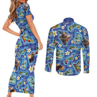 Hawaiian Island Shapes-Iconic Landscape Couples Matching Short Sleeve Bodycon Dress and Long Sleeve Button Shirt with Plumeria and Palaka Blue Color