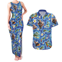 Hawaiian Island Shapes-Iconic Landscape Couples Matching Tank Maxi Dress and Hawaiian Shirt with Plumeria and Palaka Blue Color