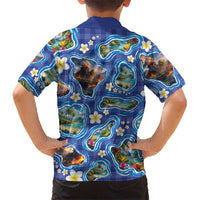 Hawaiian Island Shapes-Iconic Landscape Family Matching Long Sleeve Bodycon Dress and Hawaiian Shirt with Plumeria and Palaka Blue Color