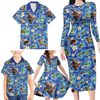 Hawaiian Island Shapes-Iconic Landscape Family Matching Long Sleeve Bodycon Dress and Hawaiian Shirt with Plumeria and Palaka Blue Color