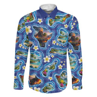 Hawaiian Island Shapes-Iconic Landscape Family Matching Long Sleeve Bodycon Dress and Hawaiian Shirt with Plumeria and Palaka Blue Color