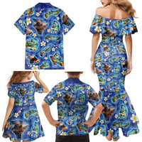 Hawaiian Island Shapes-Iconic Landscape Family Matching Mermaid Dress and Hawaiian Shirt with Plumeria and Palaka Blue Color
