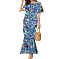 Hawaiian Island Shapes-Iconic Landscape Family Matching Mermaid Dress and Hawaiian Shirt with Plumeria and Palaka Blue Color