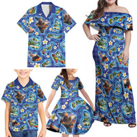 Hawaiian Island Shapes-Iconic Landscape Family Matching Off Shoulder Maxi Dress and Hawaiian Shirt with Plumeria and Palaka Blue Color