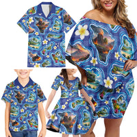 Hawaiian Island Shapes-Iconic Landscape Family Matching Off Shoulder Short Dress and Hawaiian Shirt with Plumeria and Palaka Blue Color