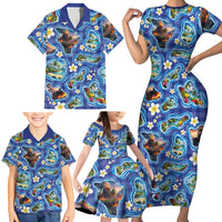 Hawaiian Island Shapes-Iconic Landscape Family Matching Short Sleeve Bodycon Dress and Hawaiian Shirt with Plumeria and Palaka Blue Color