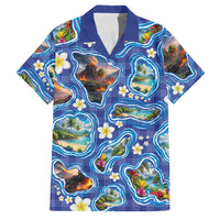 Hawaiian Island Shapes-Iconic Landscape Family Matching Tank Maxi Dress and Hawaiian Shirt with Plumeria and Palaka Blue Color