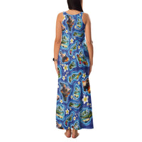 Hawaiian Island Shapes-Iconic Landscape Family Matching Tank Maxi Dress and Hawaiian Shirt with Plumeria and Palaka Blue Color