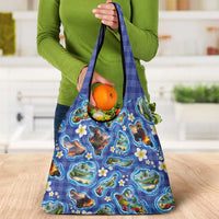 Hawaiian Island Shapes-Iconic Landscape Grocery Bag with Plumeria and Palaka Blue Color