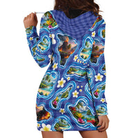 Hawaiian Island Shapes-Iconic Landscape Hoodie Dress with Plumeria and Palaka Blue Color