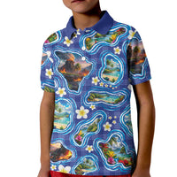 Hawaiian Island Shapes-Iconic Landscape Kid Polo Shirt with Plumeria and Palaka Blue Color