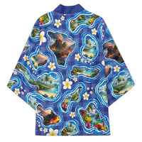 Hawaiian Island Shapes-Iconic Landscape Kimono with Plumeria and Palaka Blue Color