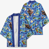 Hawaiian Island Shapes-Iconic Landscape Kimono with Plumeria and Palaka Blue Color