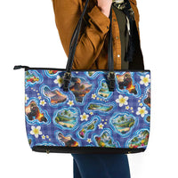 Hawaiian Island Shapes-Iconic Landscape Leather Tote Bag with Plumeria and Palaka Blue Color