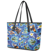 Hawaiian Island Shapes-Iconic Landscape Leather Tote Bag with Plumeria and Palaka Blue Color