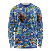 Hawaiian Island Shapes-Iconic Landscape Long Sleeve Shirt with Plumeria and Palaka Blue Color