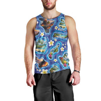 Hawaiian Island Shapes-Iconic Landscape Men Tank Top with Plumeria and Palaka Blue Color