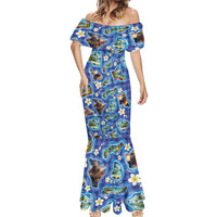 Hawaiian Island Shapes-Iconic Landscape Mermaid Dress with Plumeria and Palaka Blue Color