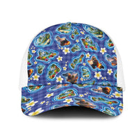 Hawaiian Island Shapes-Iconic Landscape Mesh Trucker Cap with Plumeria and Palaka Blue Color LT03 One Size White Blue - Polynesian Pride