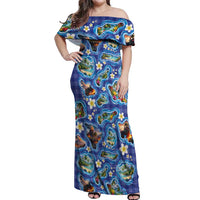 Hawaiian Island Shapes-Iconic Landscape Off Shoulder Maxi Dress with Plumeria and Palaka Blue Color