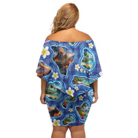 Hawaiian Island Shapes-Iconic Landscape Off Shoulder Short Dress with Plumeria and Palaka Blue Color