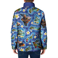 Hawaiian Island Shapes-Iconic Landscape Padded Jacket with Plumeria and Palaka Blue Color