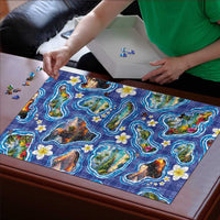 Hawaiian Island Shapes-Iconic Landscape Puzzle with Plumeria and Palaka Blue Color LT03 - Polynesian Pride