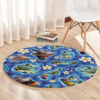 Hawaiian Island Shapes-Iconic Landscape Round Carpet with Plumeria and Palaka Blue Color