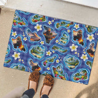 Hawaiian Island Shapes-Iconic Landscape Rubber Doormat with Plumeria and Palaka Blue Color