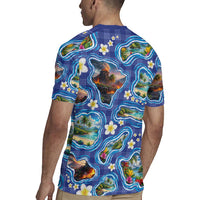 Hawaiian Island Shapes-Iconic Landscape Rugby Jersey with Plumeria and Palaka Blue Color