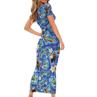 Hawaiian Island Shapes-Iconic Landscape Short Sleeve Bodycon Dress with Plumeria and Palaka Blue Color