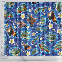 Hawaiian Island Shapes-Iconic Landscape Shower Curtain with Plumeria and Palaka Blue Color