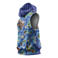 Hawaiian Island Shapes-Iconic Landscape Sleeveless Hoodie with Plumeria and Palaka Blue Color