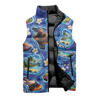 Hawaiian Island Shapes-Iconic Landscape Sleeveless Puffer Jacket with Plumeria and Palaka Blue Color