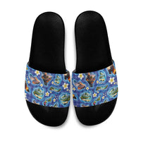 Hawaiian Island Shapes-Iconic Landscape Slide Sandals with Plumeria and Palaka Blue Color