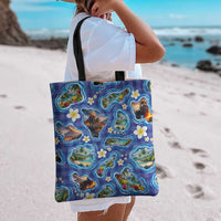 Hawaiian Island Shapes-Iconic Landscape Tote Bag with Plumeria and Palaka Blue Color