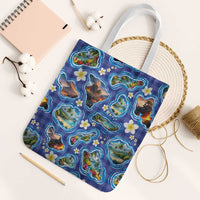 Hawaiian Island Shapes-Iconic Landscape Tote Bag with Plumeria and Palaka Blue Color