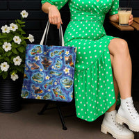Hawaiian Island Shapes-Iconic Landscape Tote Bag with Plumeria and Palaka Blue Color