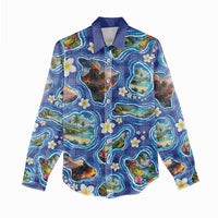 Hawaiian Island Shapes-Iconic Landscape Women Casual Shirt with Plumeria and Palaka Blue Color