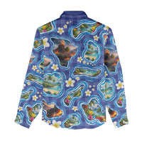 Hawaiian Island Shapes-Iconic Landscape Women Casual Shirt with Plumeria and Palaka Blue Color