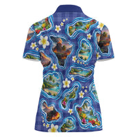 Hawaiian Island Shapes-Iconic Landscape Women Polo Shirt with Plumeria and Palaka Blue Color