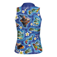 Hawaiian Island Shapes-Iconic Landscape Women Sleeveless Polo Shirt with Plumeria and Palaka Blue Color