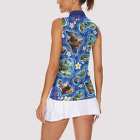 Hawaiian Island Shapes-Iconic Landscape Women Sleeveless Polo Shirt with Plumeria and Palaka Blue Color