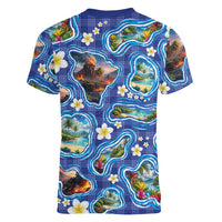 Hawaiian Island Shapes-Iconic Landscape Women V-Neck T-Shirt with Plumeria and Palaka Blue Color