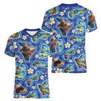 Hawaiian Island Shapes-Iconic Landscape Women V-Neck T-Shirt with Plumeria and Palaka Blue Color