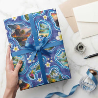 Hawaiian Island Shapes-Iconic Landscape Wrapping Paper with Plumeria and Palaka Blue Color